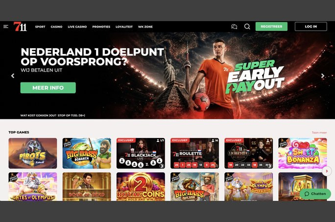 Homepage van 711 Casino met het WK-prijzenpot en de top games