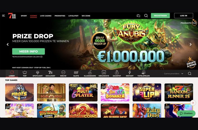 Spellenaanbod in de casino-lobby van 711 met slots en de Prize Drop