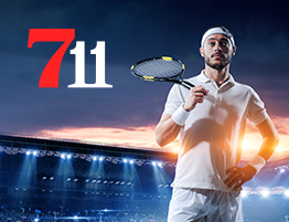 711 Casino logo en een tennisser