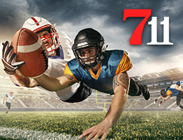 Rugbyspel en een 711 Casino logo