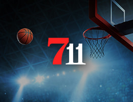 Basketbal speler en 711 Casino logo