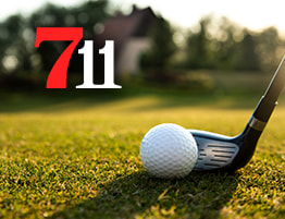 Een golfstick, een bal en een 711 Casino logo