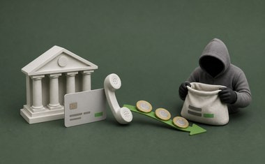 Bankgebouw, bankpas en telefoon met euromunten die naar een anonieme oplichter verdwijnen, als symbool voor bankfraude
