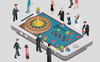Foto van een smartphone en mensen die roulette spelen