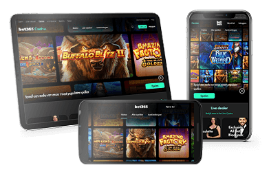 Een smartphone en een tablet waarop het Bet365 mobiele casino platform getoond wordt.