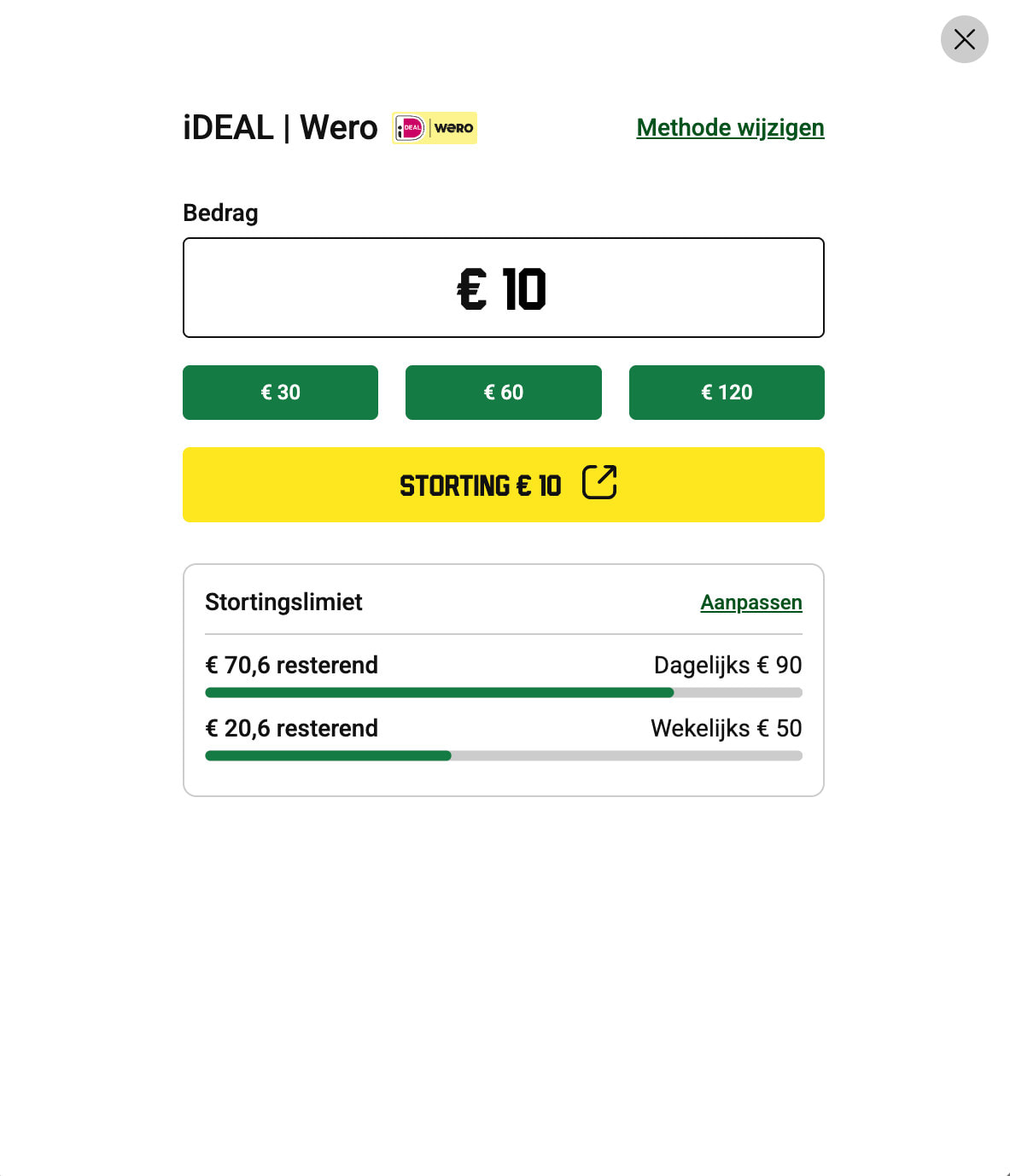 Kassascherm met iDEAL en Wero en de ingestelde stortingslimiet bij een vergund Nederlands online casino