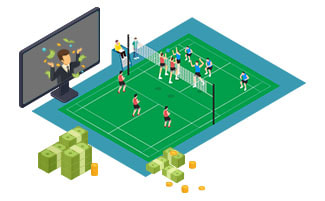 Volleybalspel, monitor en geld
