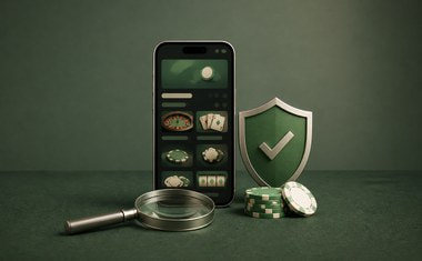 Smartphone met een online casino, een groen schild met vinkje en een vergrootglas, als symbool voor betrouwbare casino-informatie