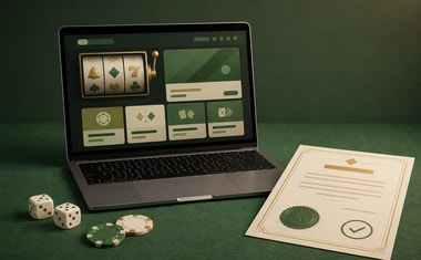 Laptop met een online casino naast een vergunningscertificaat met groen zegel, als symbool voor legale casino's met vergunning