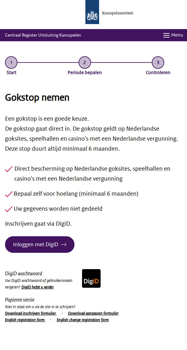 Inschrijfscherm voor een gokstop in Cruks bij de Kansspelautoriteit, met DigiD als inlogmethode
