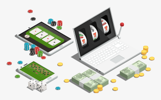 Afbeelding ter illustratie van computer, smartphone en tablet met verschillende soorten speltypes