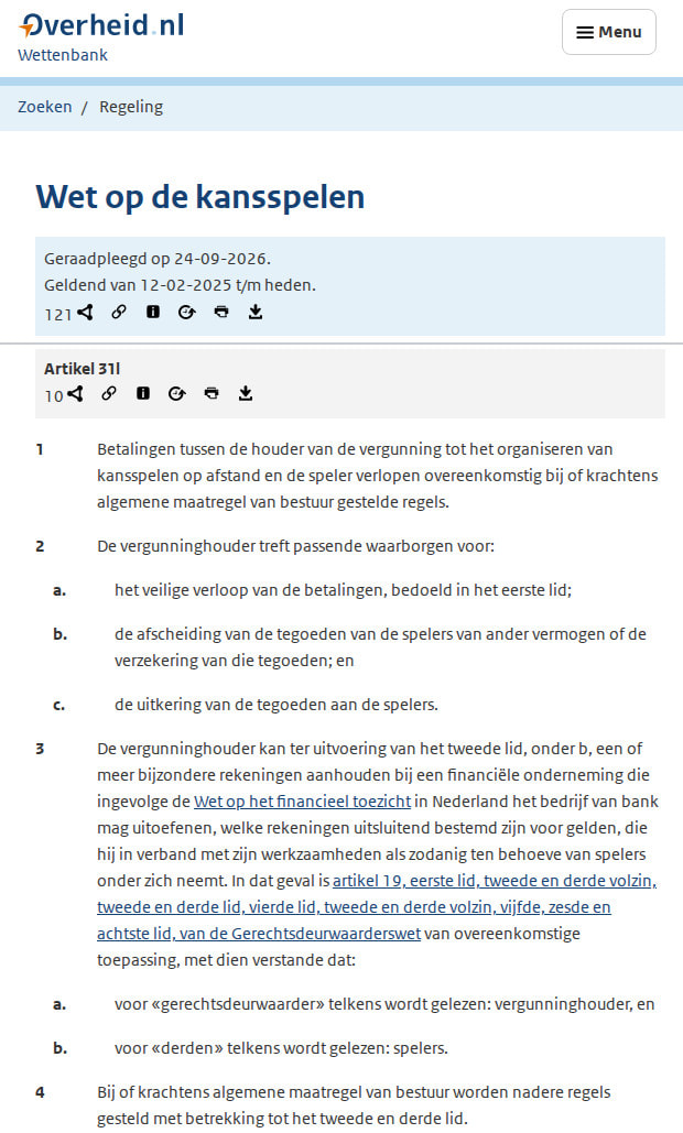 Artikel 31l van de Wet op de kansspelen op wetten.overheid.nl over de afscheiding van spelerstegoeden