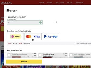 Kassa van Jack's Casino met een kaart als betaalmethode en de keuze voor een welkomstbonus