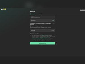 Tweede tabblad van het aanmeldformulier van bet365 met de velden voor e-mailadres, wachtwoord en bonuscode