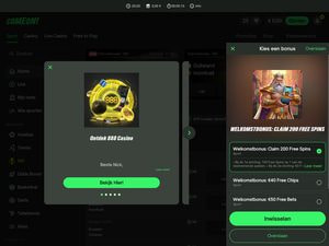 Scherm van ComeOn waarop je je welkomstbonus kiest, met 200 free spins als optie