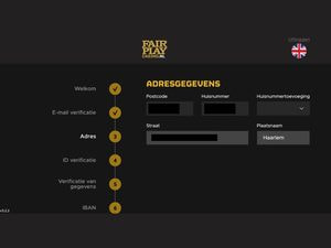 Adresgegevensscherm van Fair Play Casino met velden voor postcode, huisnummer en straat