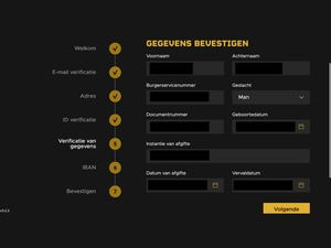 Scherm van Fair Play Casino waarop je je naam, BSN en documentgegevens controleert