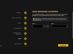 Scherm van Fair Play Casino waarop je de naam en het IBAN van je bankrekening invult