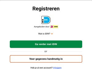 Registratieformulier van LeoVegas met de knop 'Ga verder met iDIN' om een account aan te maken