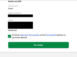 Scherm met de via iDIN opgehaalde persoonsgegevens en het aangevinkte vakje voor de algemene voorwaarden