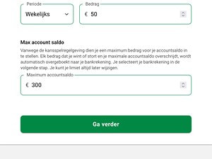 Instelscherm voor speellimieten met een wekelijkse limiet van 50 euro en een maximum accountsaldo van 300 euro