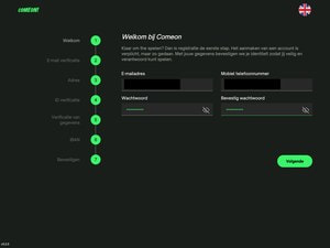 Registratieformulier van ComeOn met velden voor e-mailadres, mobiel telefoonnummer en wachtwoord