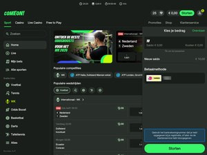 Stortingsscherm van ComeOn met een bedrag van € 10 en de keuze van een betaalmethode