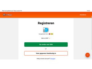 Registratiescherm van LeoVegas met de keuze om je via iDIN of handmatig aan te melden