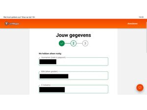 Gegevensformulier van LeoVegas met velden voor voornaam, BSN en e-mailadres, stap 2 van 3