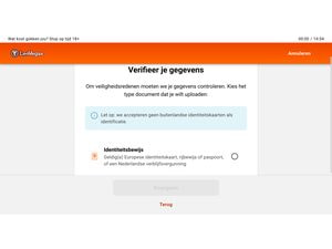 Verificatiescherm van LeoVegas waarop je kiest welk identiteitsbewijs je uploadt