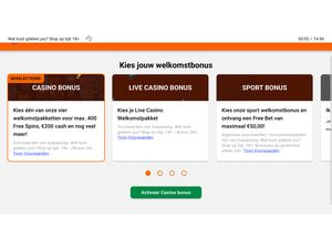 Scherm van LeoVegas waarop je je welkomstbonus kiest, met de casino-, live casino- en sportbonus