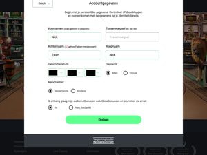 Accountgegevensformulier van One Casino met velden voor naam, geboortedatum, geslacht en nationaliteit