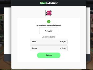 Bevestiging van One Casino dat de iDEAL-betaling is gelukt, met het nieuwe saldo en de bonus