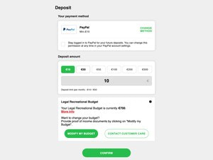 Kassa van Circus met PayPal geselecteerd, het stortingsbedrag en de maandelijkse stortingslimiet