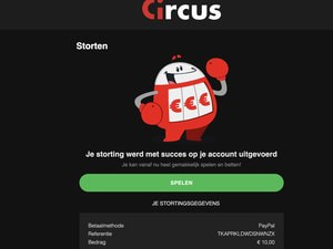 Bevestiging van Circus dat de storting met PayPal is gelukt, met referentienummer en bedrag