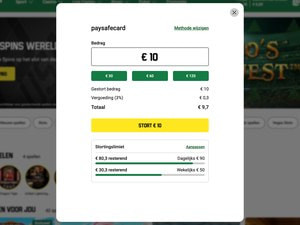 Kassa van Unibet met paysafecard geselecteerd, het stortingsbedrag en de 3% kosten
