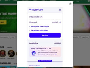 paysafecard-account met het saldo van €10 en de knop Betalen