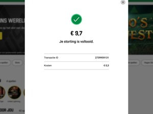 Bevestiging dat de storting is voltooid, met €9,70 bijgeschreven en €0,30 kosten