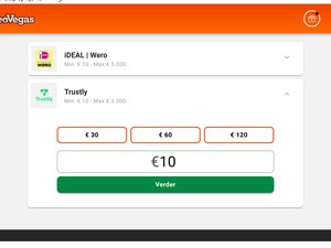 Kassa van LeoVegas met Trustly geselecteerd en een stortingsbedrag van €10