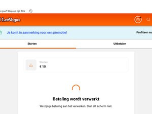 Scherm van LeoVegas met de melding dat de betaling van €10 wordt verwerkt