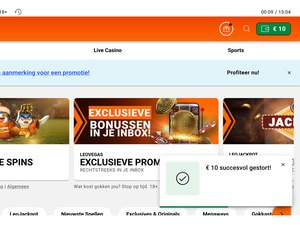LeoVegas met de bevestiging dat €10 succesvol is gestort en het bijgewerkte saldo