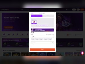Kassavenster van Tonybet met iDEAL, een bedrag van € 10 en het uitklapmenu om je bank te kiezen
