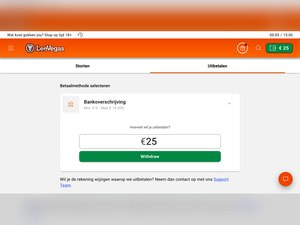 Opnamepagina bij LeoVegas met bankoverschrijving geselecteerd en het bedrag ingevuld