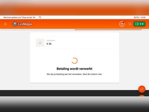 Verwerkingsscherm bij LeoVegas met de melding dat de betaling wordt verwerkt
