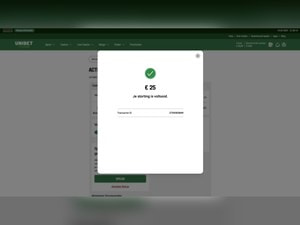 Bevestigingsscherm van Unibet dat de storting van € 25 is voltooid, met het transactie-ID