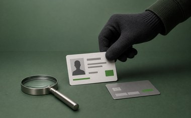 Hand in een zwarte handschoen pakt een identiteitskaart weg naast een vergrootglas, als symbool voor identiteitsfraude