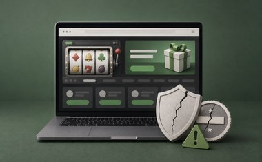 Laptop met een casinosite zonder vergunning, een gebroken schild en een waarschuwingsdriehoek, als symbool voor illegale goksites