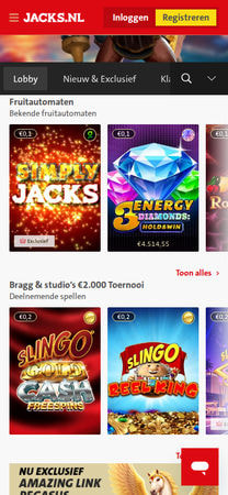 JACKS.NL mobiele casino lobby met aanbevolen slots
