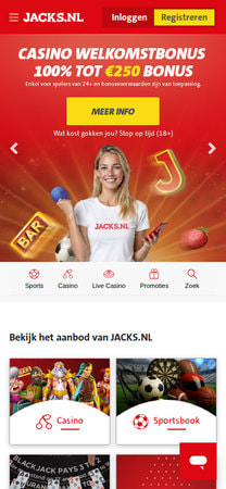 JACKS.NL mobiele homepage met welkomstbonus en casinospellen