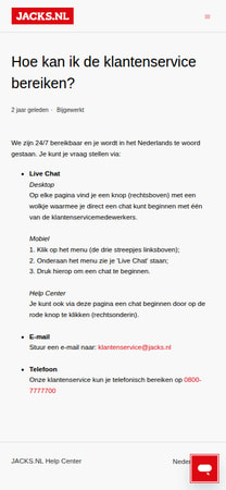JACKS.NL mobiele klantenservice met chat en contactopties
